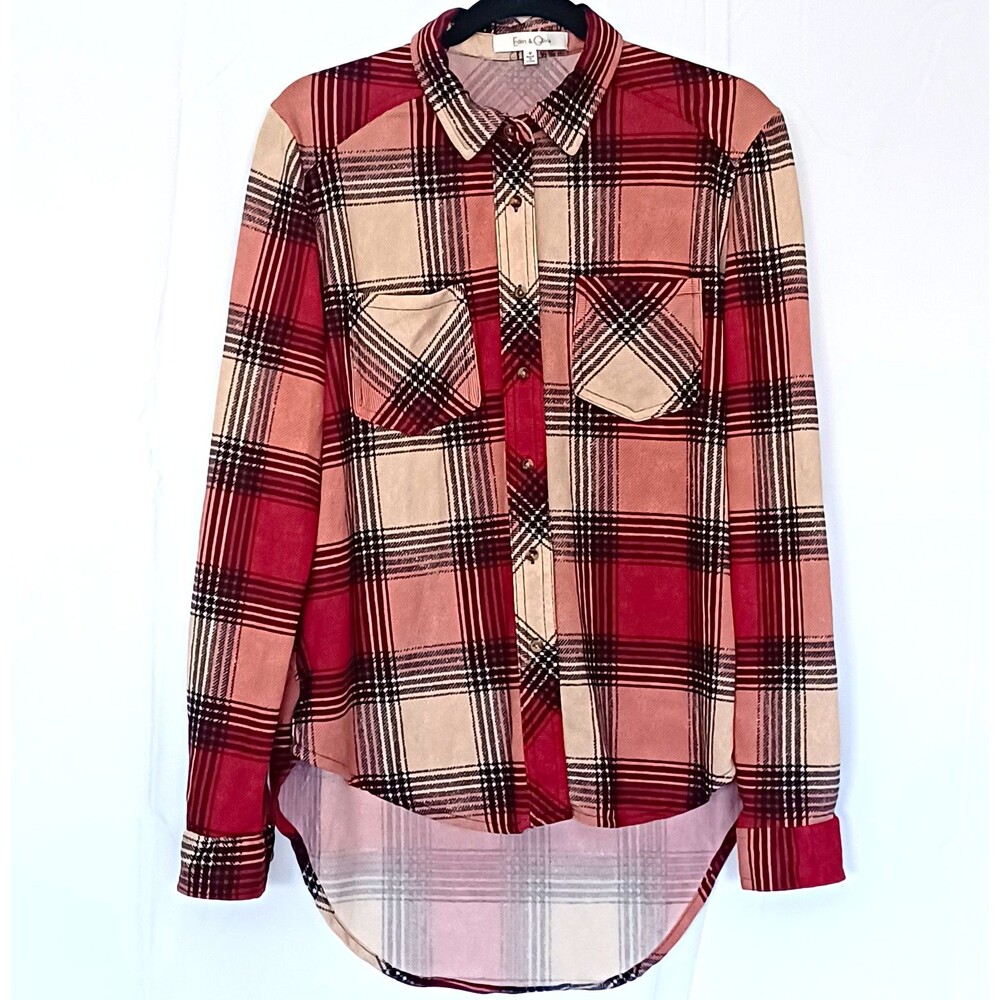 Eden & Olivia Women’s M Red Plaid Flannel Shirt Button‑Up Long Sleeve Pockets
